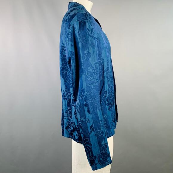 Size XL Blue Jacquard Linen Silk Floral One Pocket Long Sleeve Shirt - Picture 3 of 6